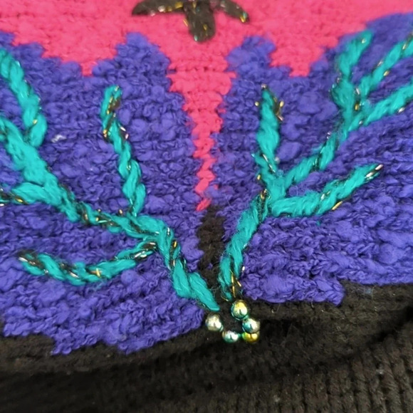 Vintage 80s Acrylic Pullover Sweater- Black Magenta Blue-Embellished Beaded Knit - Picture 5 of 12